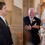 Photo of a groom watching his bride to be walking down the isle with her father