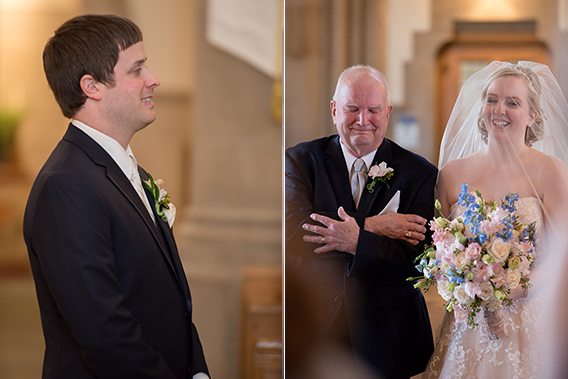 Photo of a groom watching his bride to be walking down the isle with her father
